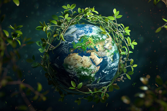 A 3D rendering of the globe, encircled by a green vine with leaves and small flowers, representing the Earth's natural beauty and biodiversity. 