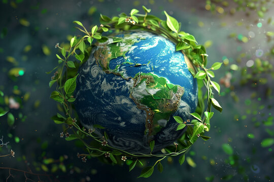 A 3D rendering of the globe, encircled by a green vine with leaves and small flowers, representing the Earth's natural beauty and biodiversity. 