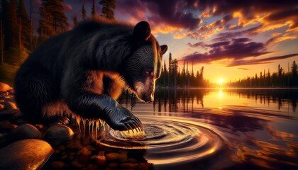 A detailed image showcasing a black bear at the edge of a lake at sunset, dipping its paw into the...