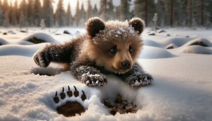 A detailed image showing a bear cub clumsily walking through a patch of snow, leaving paw prints behind. - obrazy, fototapety, plakaty
