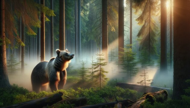 A detailed image of a grizzly bear in a forest clearing, standing on its hind legs, sniffing the air, with early morning mist swirling around.