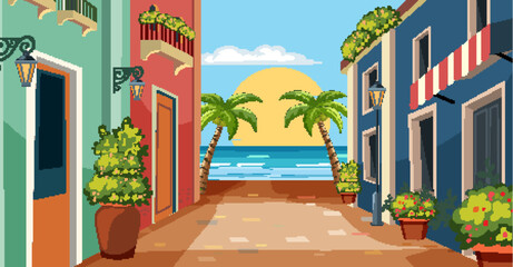 Colorful coastal alley leading to a serene beach