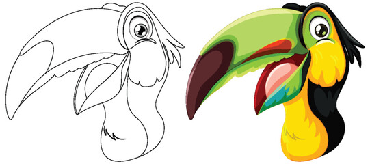 Vector art of a vibrant, multicolored toucan bird.