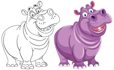 Vector illustration of two happy cartoon hippos