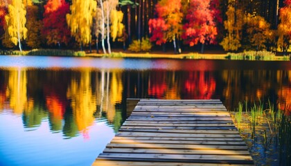 Medium shot of a small wooden pier extending into a lake with vibrant autumn trees reflecting in the water. - obrazy, fototapety, plakaty