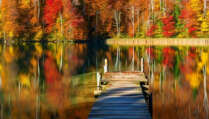 Medium shot of a small wooden pier extending into a lake with vibrant autumn trees reflecting in...