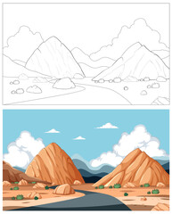Vector illustration of a mountain scene, colored and line art.