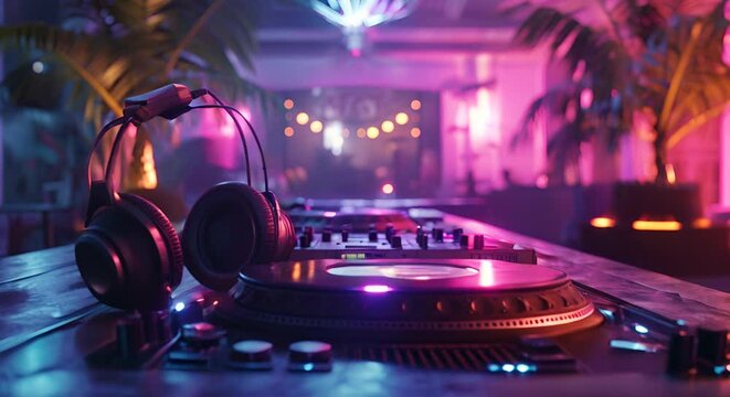 DJ's headphones and turntable at a lively party scene