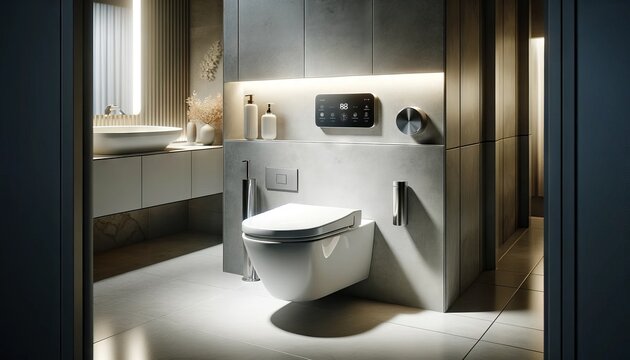 The image illustrates a modern, wall-mounted toilet in a minimalist bathroom setting.