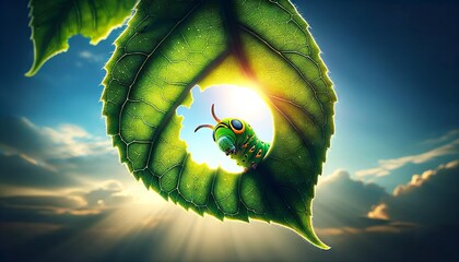 A caterpillar looking through a hole it has eaten in a leaf, with the backdrop of a sunny sky. - obrazy, fototapety, plakaty