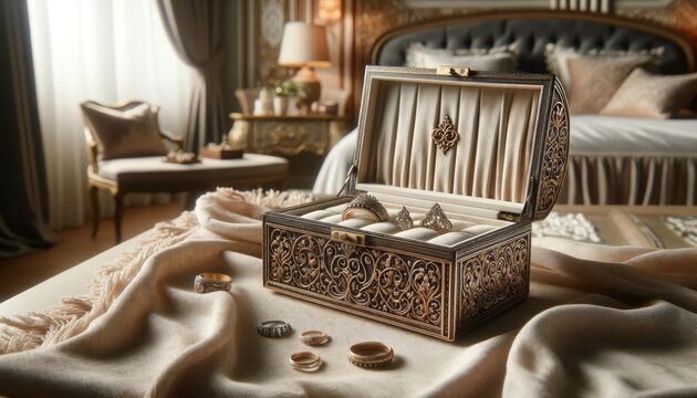 An image capturing a beautifully crafted jewelry box with intricate designs, placed on a soft, textured cloth.