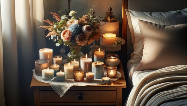 An image featuring a collection of scented candles and fresh flowers on a bedside table.