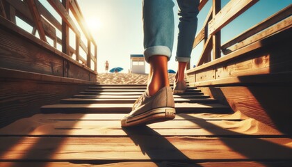 Rear view of a person's feet in casual canvas shoes, walking up wooden steps leading through a sunny, beachside boardwalk. - obrazy, fototapety, plakaty
