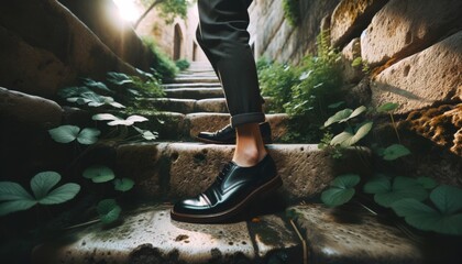 A person's lower legs and feet wearing classic black leather shoes, stepping up an old, stone staircase surrounded by lush green plants. - obrazy, fototapety, plakaty