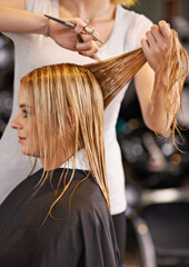 Beauty, hair and people at hairdresser with scissors for haircut, styling and maintenance for...