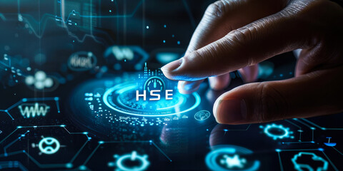 Conceptual image depicting icons for various safety and management systems, with a finger pointing to the HSE (Health, Safety, and Environment) symbol, highlighting its importance in modern operations - obrazy, fototapety, plakaty