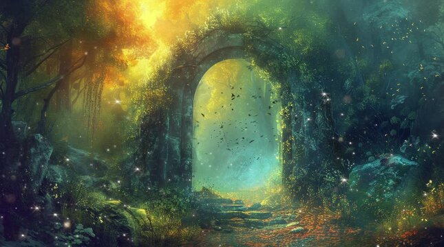 Entrance gate to the magical realm of the fantasy forest
  Seamless looping 4k time-lapse virtual video animation background. Generated AI