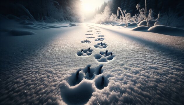 A detailed, focused image capturing footprints or animal tracks in the snow, emphasizing the contrast and the story they tell.