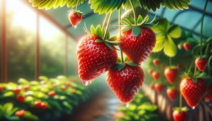 An image showcasing ripe strawberries hanging on the plant.