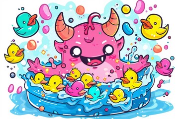 Fototapeta na wymiar Cartoon cute doodles of a pink monster with horns and a tail, splashing in a pool filled with colorful rubber duckies, Generative AI