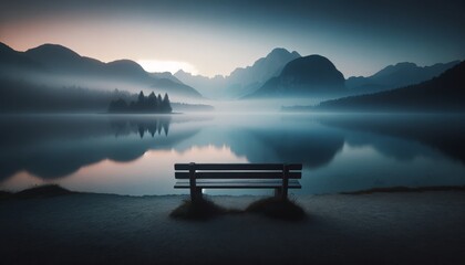 A solitary bench facing a foggy, serene lake during the early hours of the morning, with a faint outline of mountains in the distance.