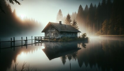 An old, isolated wooden cabin surrounded by early morning fog, with a small dock extending into a serene lake. - obrazy, fototapety, plakaty