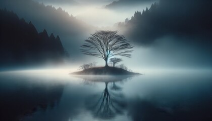 A solitary, leafless tree stands on a tiny island at the center of a misty lake. - obrazy, fototapety, plakaty