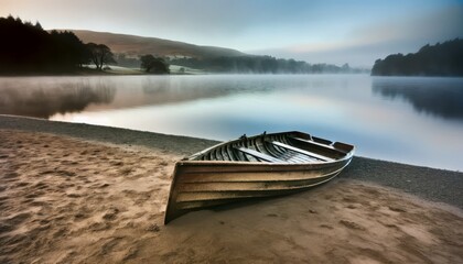 An abandoned rowboat lying on the shore beside a tranquil lake, with the early morning mist rising...