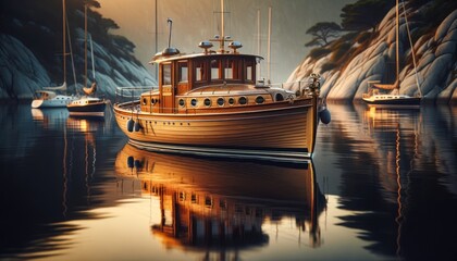 A small, classic yacht with polished wood and brass fittings, floating in a peaceful cove as the first light of day touches the water.