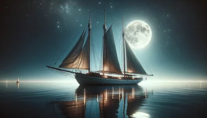  A vintage sailboat with its sails down, sitting quietly in the calm sea under the moonlight, with stars reflected in the water. © FantasyLand86