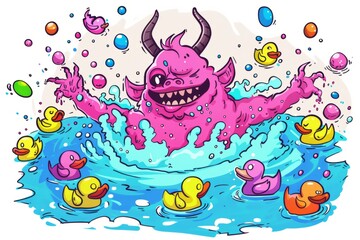 Fototapeta na wymiar Cartoon cute doodles of a pink monster with horns and a tail, splashing in a pool filled with colorful rubber duckies, Generative AI