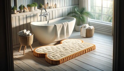 A luxurious and serene bathroom scene, filled with soft, natural light.