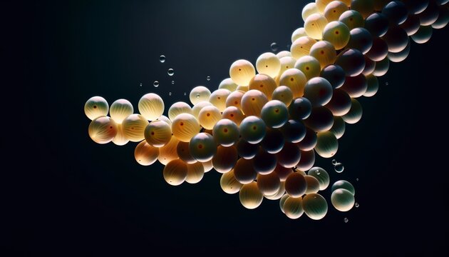 An image of grapes floating in a zigzag pattern against a dark background to contrast their light, translucent colors.