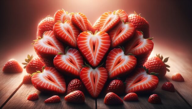 An image depicting strawberries cut in half and arranged in a heart shape, with a soft, romantic lighting setting.