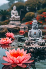 A tranquil Buddha statue meditates among pink water lilies in a beautifully landscaped garden