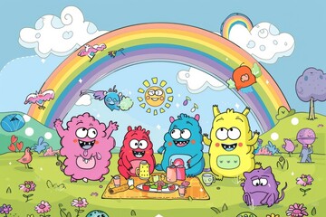 Cartoon cute doodles of a rainbow-colored monster family having a picnic in a sunny meadow, with a rainbow arching overhead, Generative AI