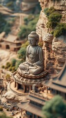 Elevated view of a giant Buddha meditating on a mountain cliff with miniature park-like surroundings below creates a spiritual scene
