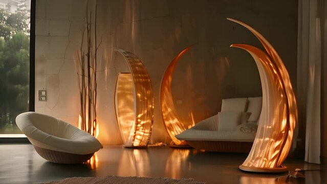 Pushing towards a Wabi Sabi style living room with modern art furniture and lamp sculptures 