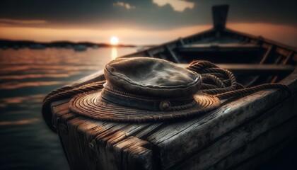 A rustic scene of a weathered sailor's hat lying on the edge of a wooden boat, with the sea and a fading sunset in the background. - obrazy, fototapety, plakaty