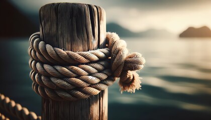A detailed close-up of a rope tied to a rustic wooden post, with the softly blurred ocean scene in the background. - obrazy, fototapety, plakaty