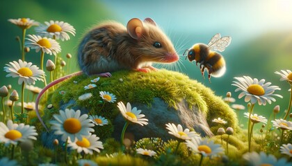 An endearing and detailed scene of a small mouse and a bumblebee examining each other on top of a mossy rock, surrounded by daisies. - obrazy, fototapety, plakaty