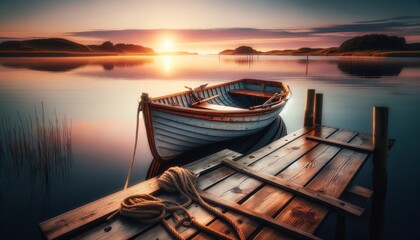 A serene morning scene featuring a small rowboat tied to a weathered wooden dock, with the calm...