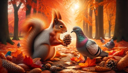 An enchanting and detailed scene of a squirrel offering a pine cone to a pigeon, against the backdrop of an autumnal park.