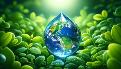A water droplet with the reflection of the Earth inside it, against a background of lush green foliage.