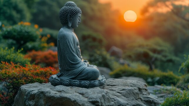 Captivating image of a Buddha statue in meditation at sunset emphasizing peace and enlightenment amid nature's beauty