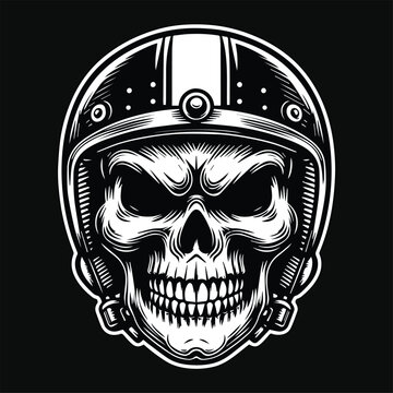 Dark Art Biker Skull Head with Helm Black and White Illustration