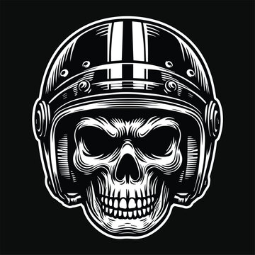 Dark Art Biker Skull Head with Helm Black and White Illustration
