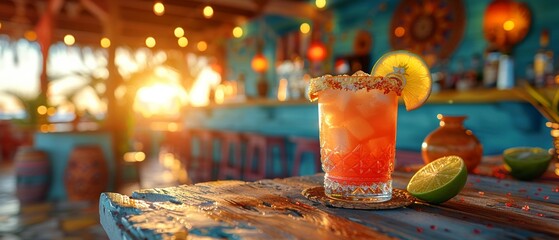 Margarita served on a rustic table in a vibrant Mexican cantina