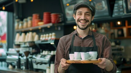 Cheerful male waiter carrying coffee cups on tray and smiling at camera, working in his small business restaurant cafe. copy space for text. - obrazy, fototapety, plakaty