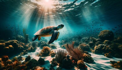 A turtle gliding gracefully near the seabed, with sunlight filtering through the water's surface, creating a peaceful and serene underwater environmen. - obrazy, fototapety, plakaty